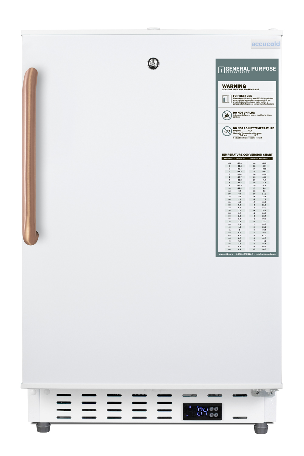Built-in undercounter ADA compliant +2 C to +8 C all-refrigerator in white with pure copper towel bar handle, lock, digital controls, wire shelving, hospital cord with 'green dot' plug, factory installed access port, and automatic defrost operation